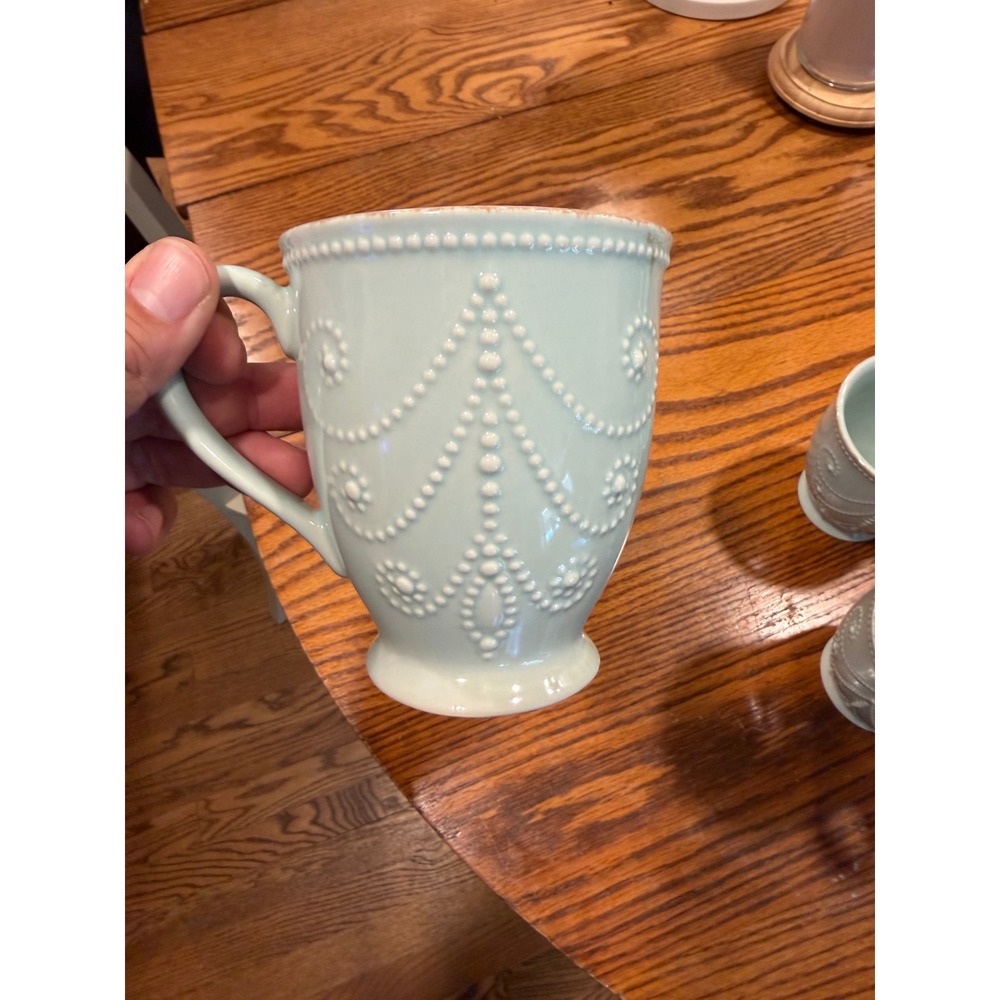 Lenox French Perle Ice Blue Stoneware Mugs Set of 8 Beaded Coffee Cups Green